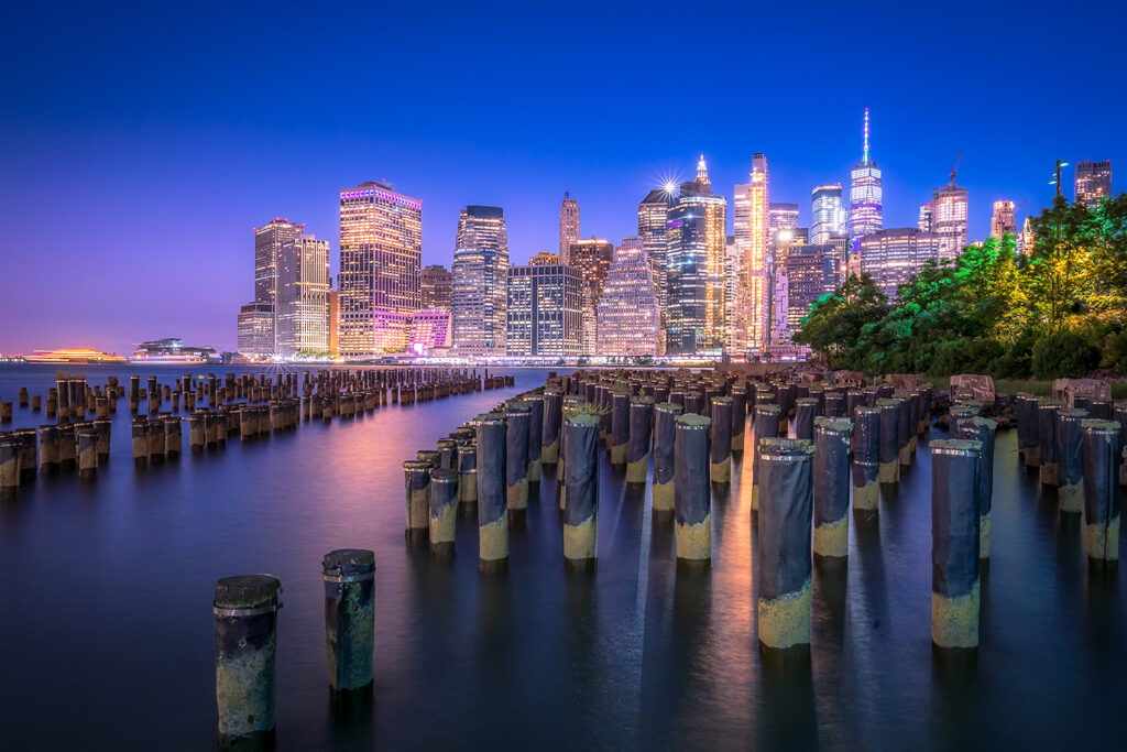 Nightscape of the NY city skyline from Old Pier 1